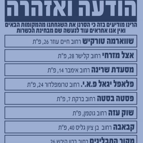 המועצה הדתית הזהירה לא לאכול במספר מסעדות בפ"ת - חדשות בפתח תקווה