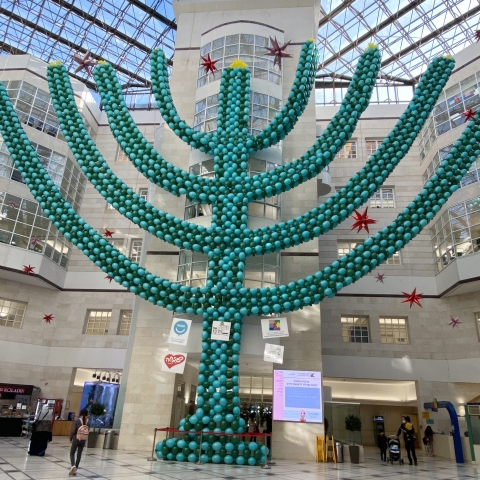 חנוכיית בלונים ענקית המורכבת מ-20,000 בלונים הוצבה בלובי מרכז שניידר לרפואת ילדים - בריאות בפתח תקווה